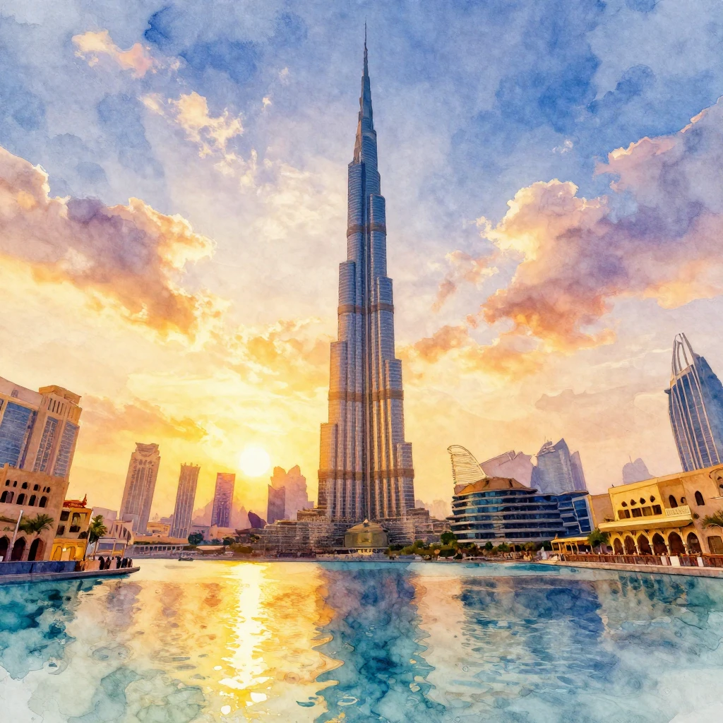 Vibrant watercolor painting of Burj Khalifa at sunset, part ...