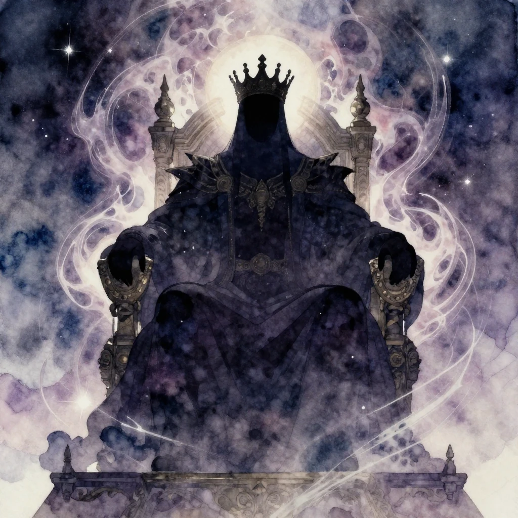 A dark, majestic silhouette of a powerful, regal figure, sea...