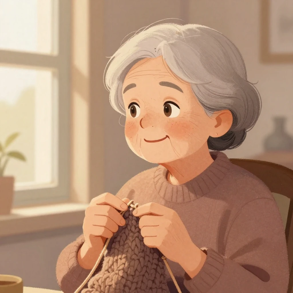 A gentle, warm illustration of an elderly woman with kind ey...