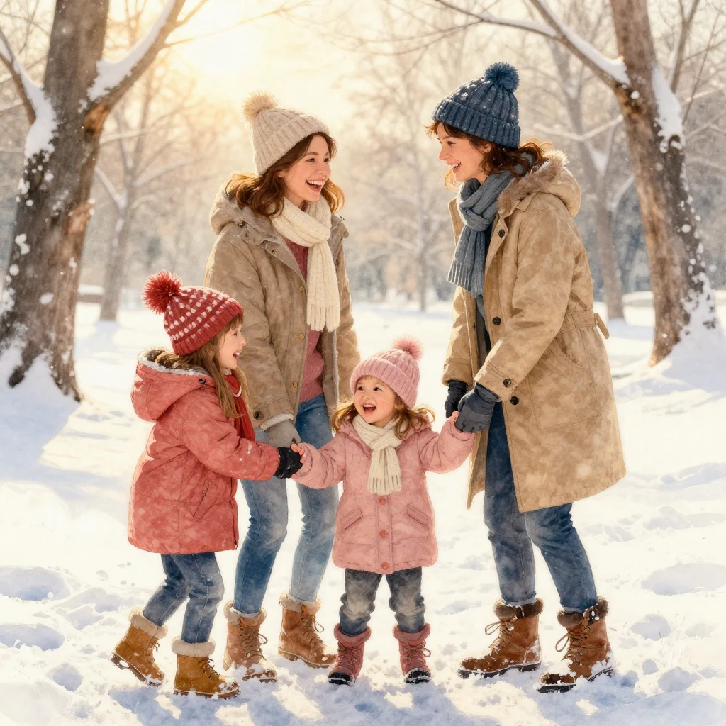 A family of three (mother and two daughters) bundled in wint...