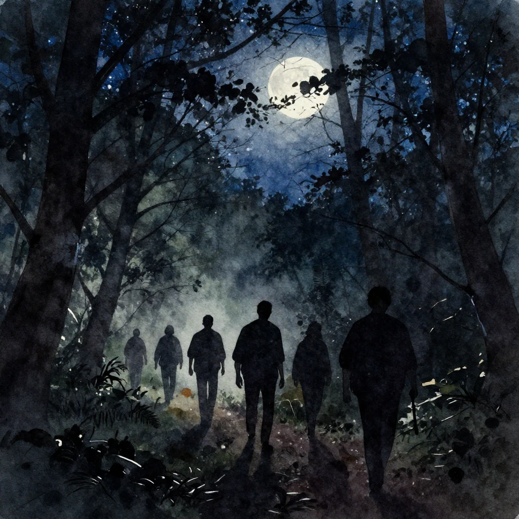 A watercolor style image depicting the silhouette of a group...