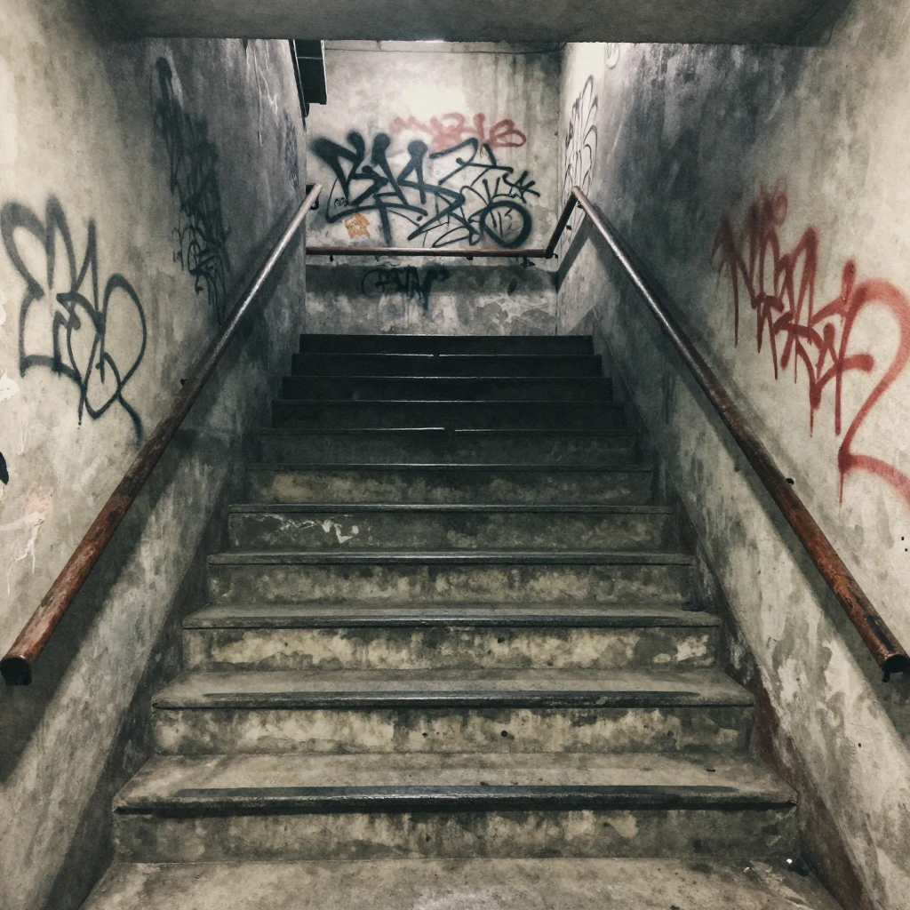 A dimly lit, graffiti-covered urban stairwell, with concrete...