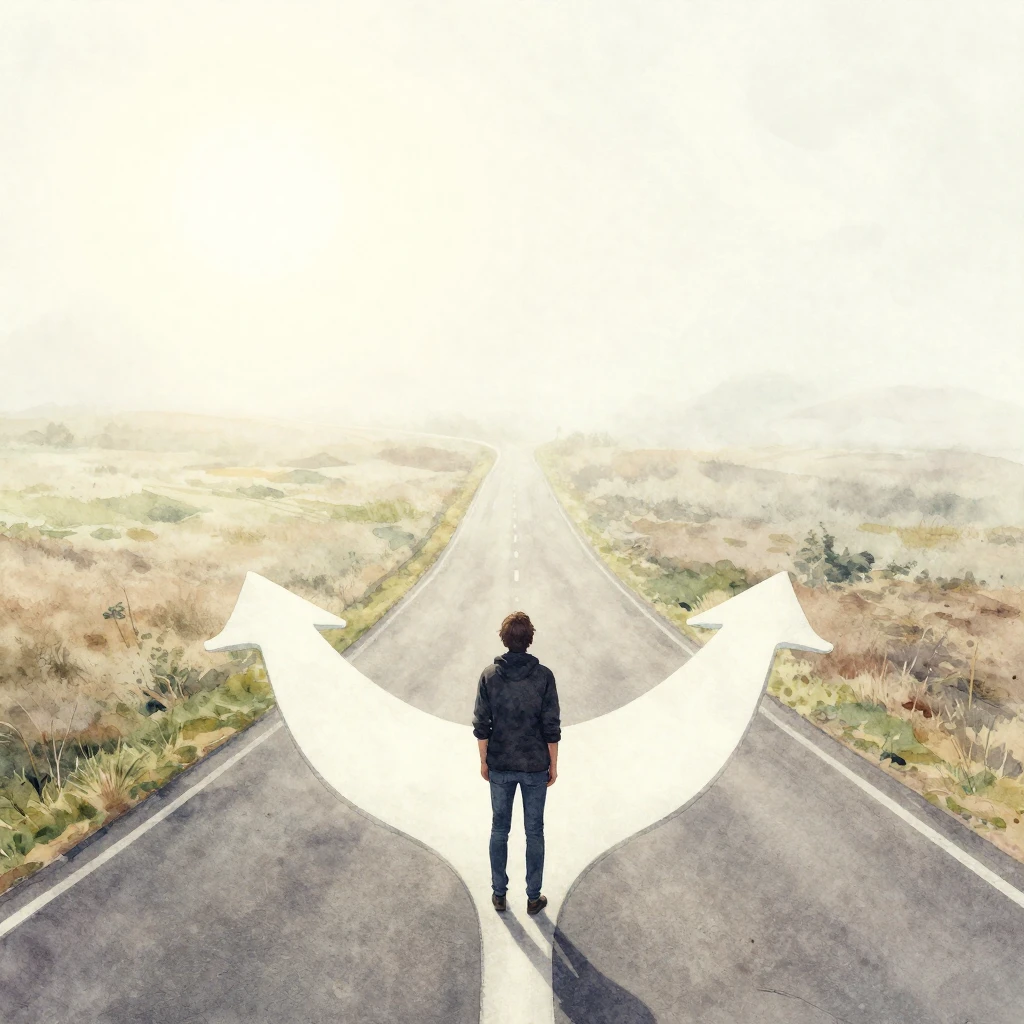 A person standing at a fork in the road, looking at two dist...