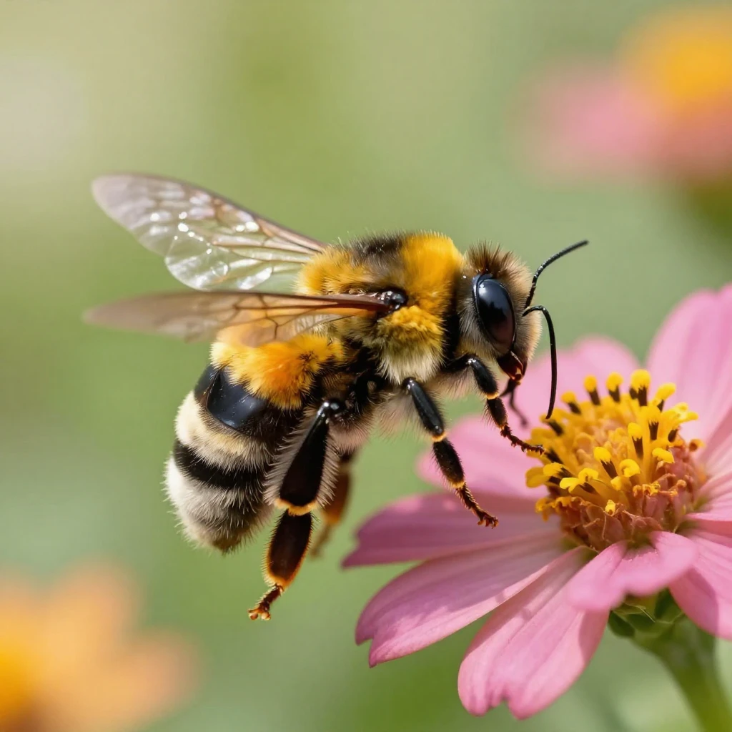 A close-up, detailed illustration of a bumblebee with a fuzz...