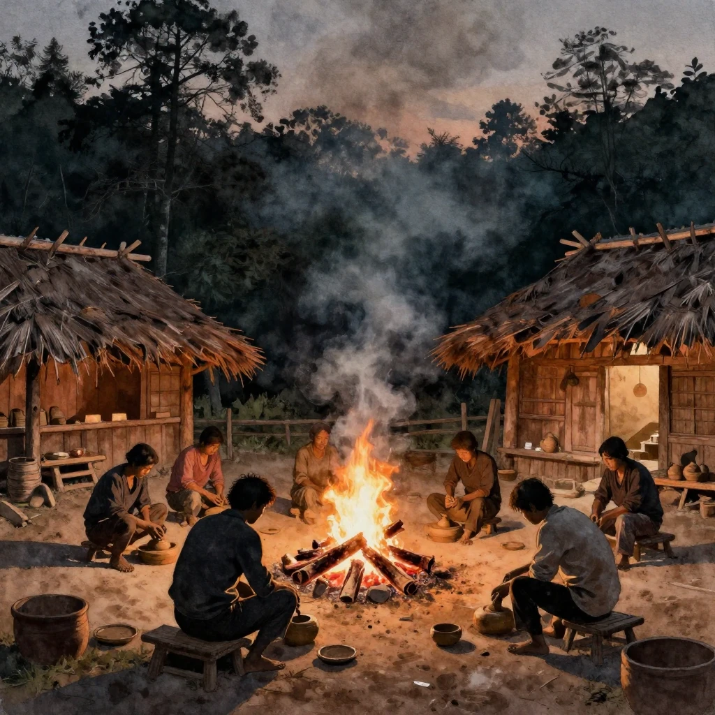 A watercolor painting of silhouettes of people working with ...