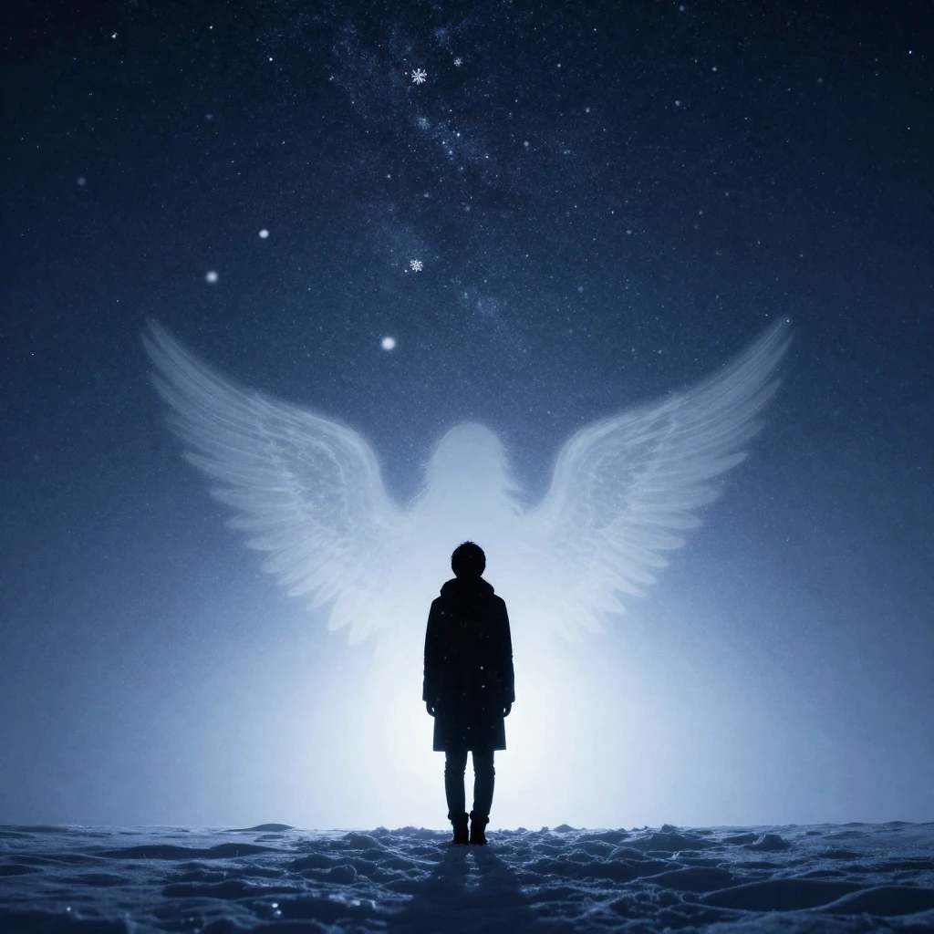 A silhouette of a person standing in a snowy landscape, look...