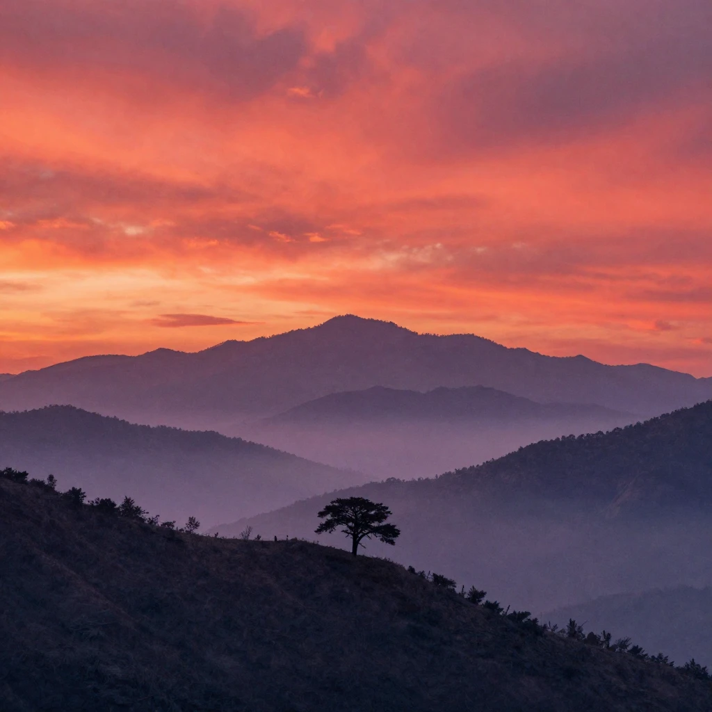 A dramatic crimson dawn sky over a serene mountain range, wi...