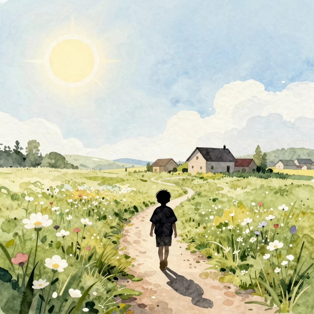 Watercolor style. Silhouette of a child walking on a path th...