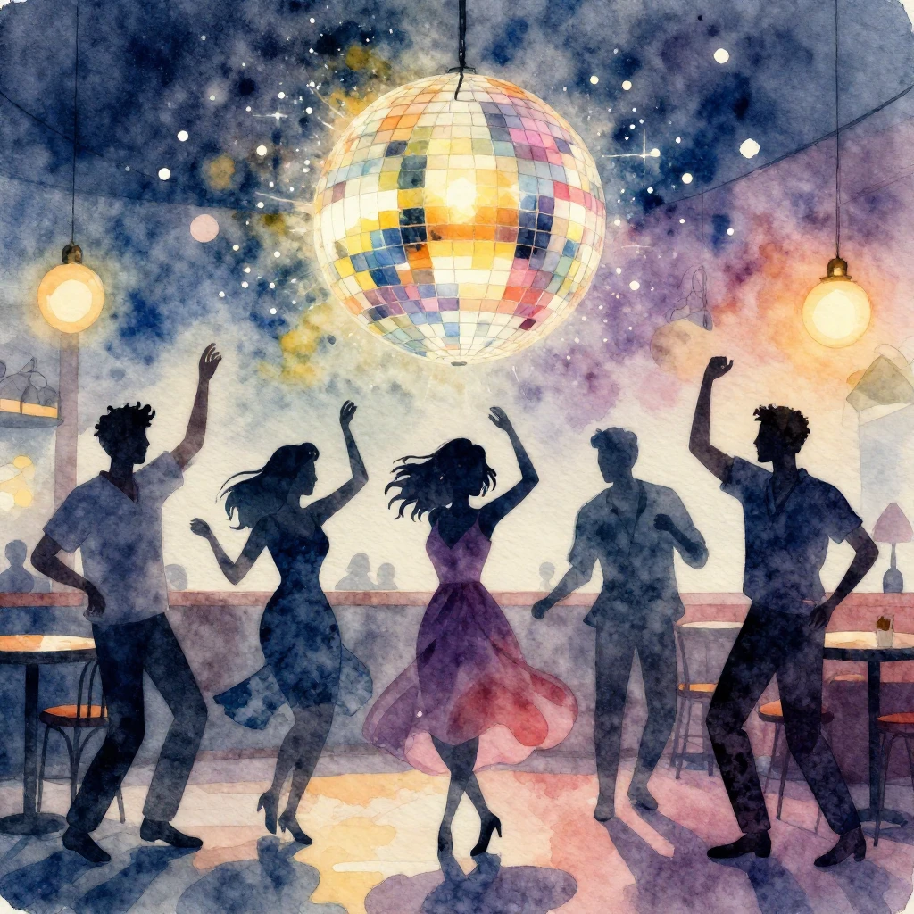 Watercolor style illustration of silhouettes of people danci...