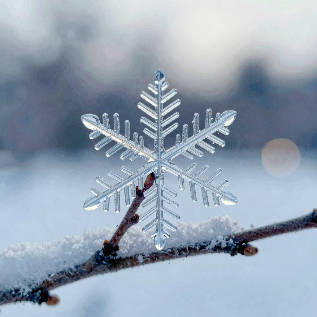 Artistic macro shot of a single snowflake on a frozen branch...