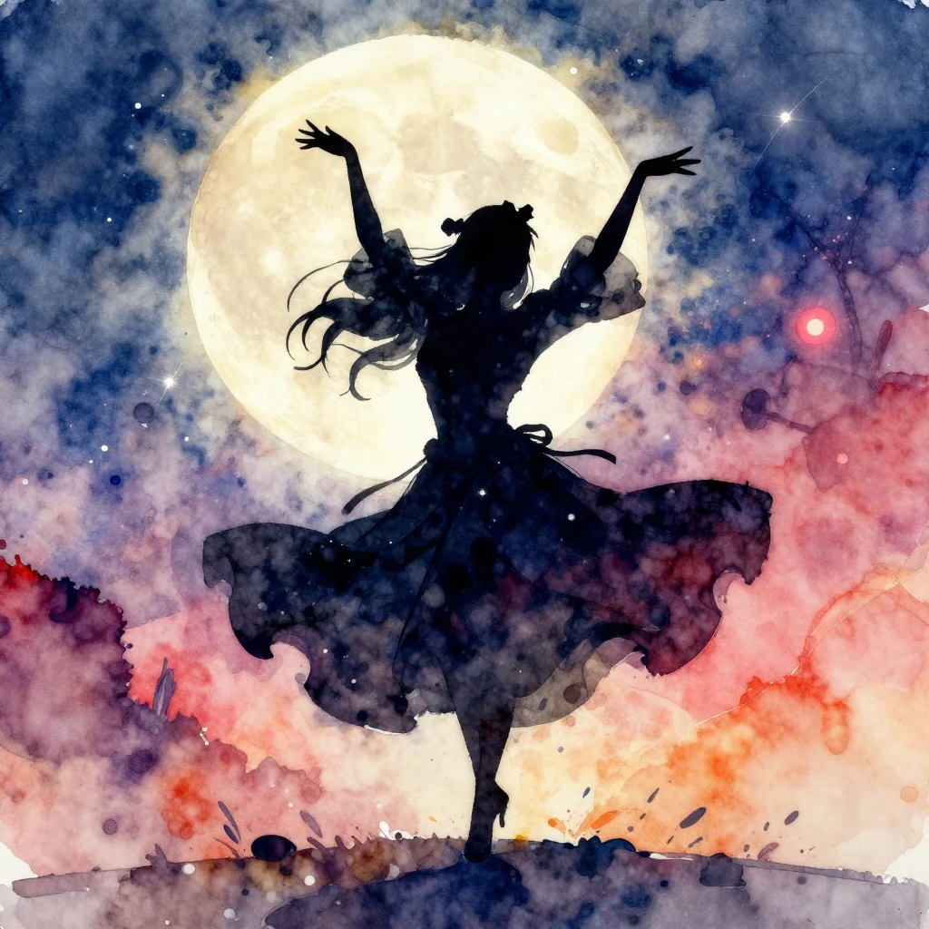 A vibrant watercolor painting of Baba Yaga's silhouette danc...