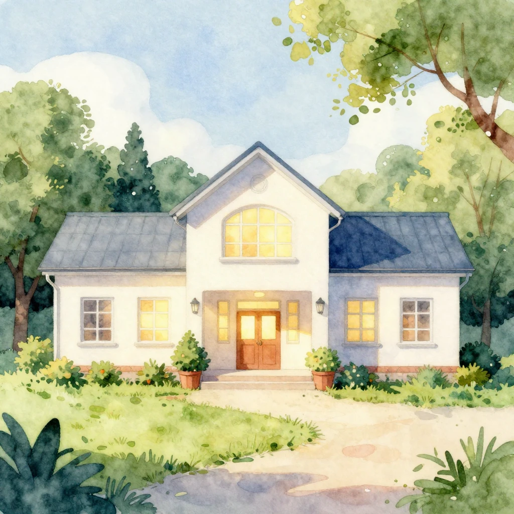 A vibrant watercolor painting of a bright, inviting sanatori...