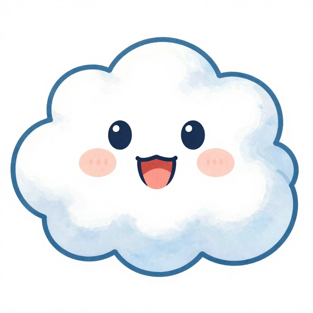 A funny big fluffy cloud with a cheerful expression, waterco...