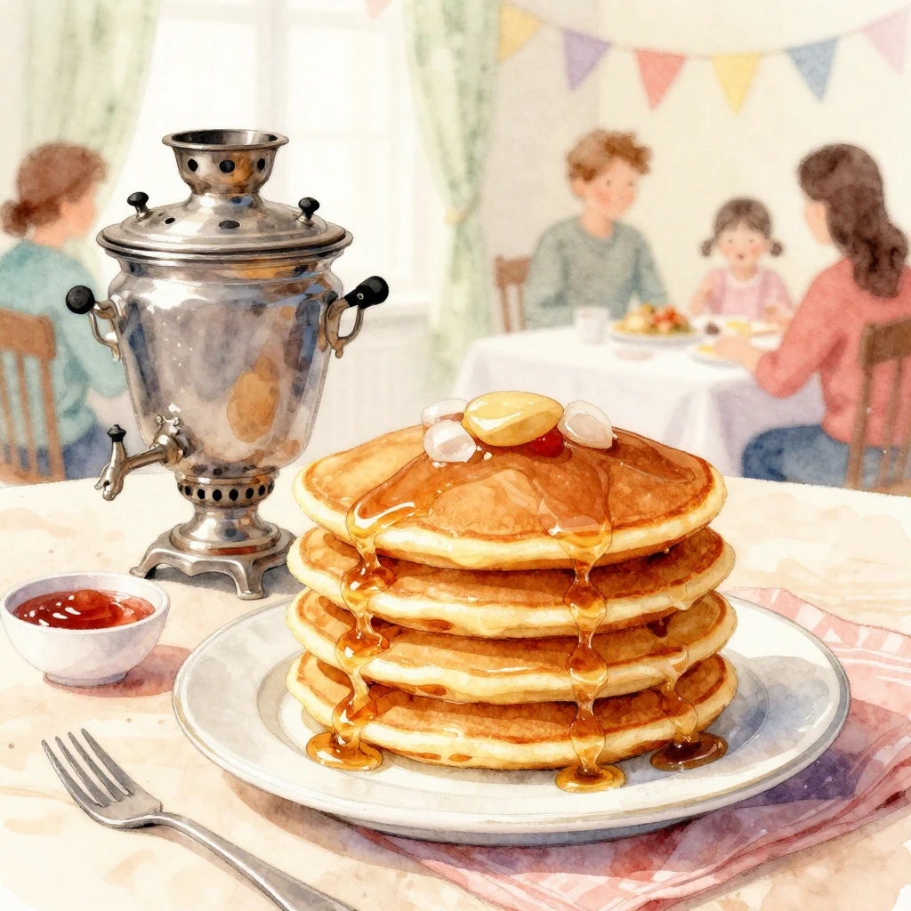Watercolor style. A festive Pancake Day scene, a table with ...