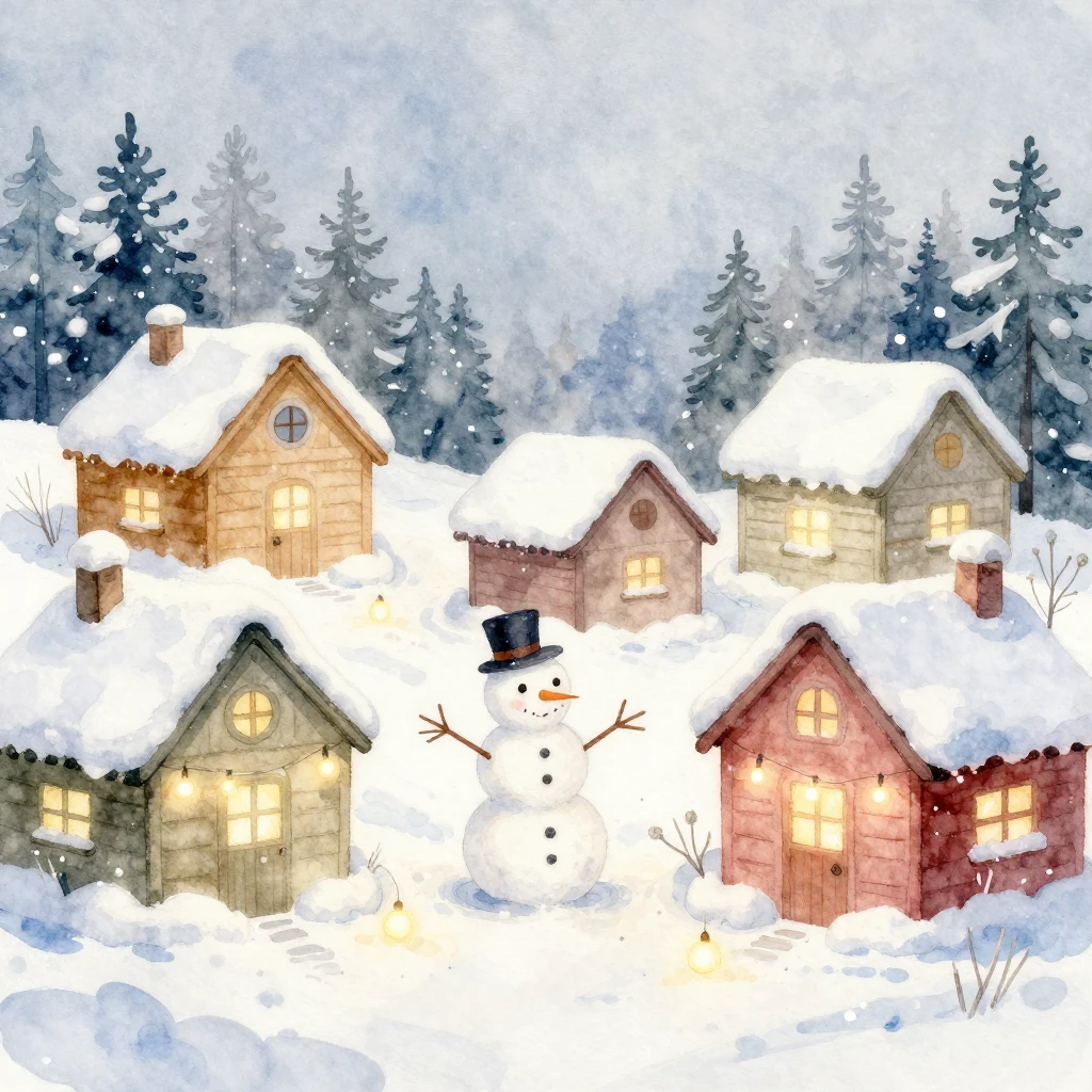 A whimsical winter scene in watercolor style, with snow-cove...