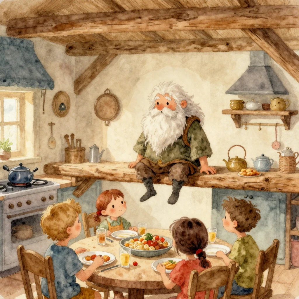 A small, friendly house spirit (domovoy) with a long beard, ...