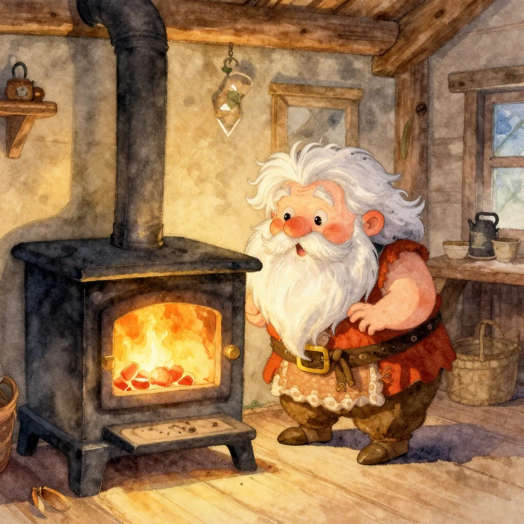 A vibrant watercolor illustration of a small, whimsical, eld...