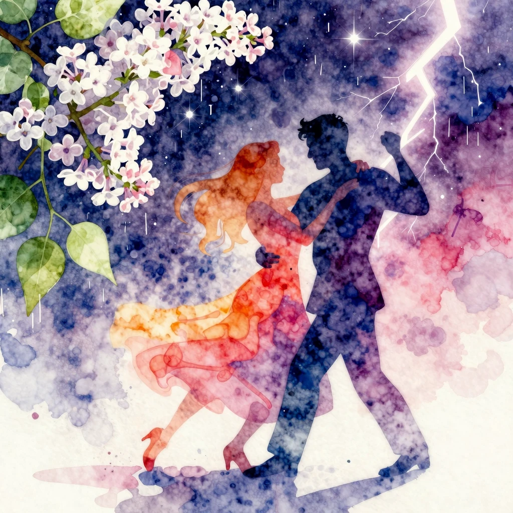 Vibrant watercolor style. Disco album art, white lilac flowe...