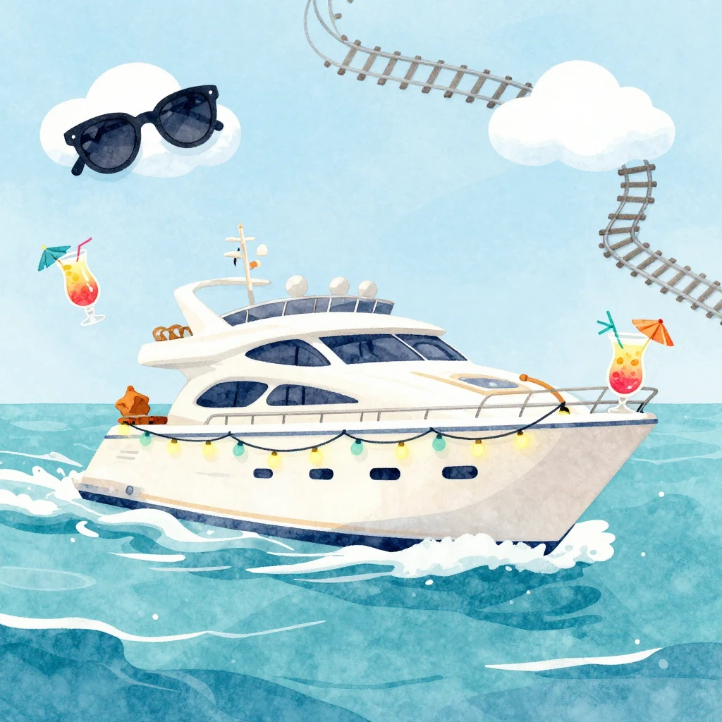Watercolor style cartoon illustration of a luxury yacht cutt...