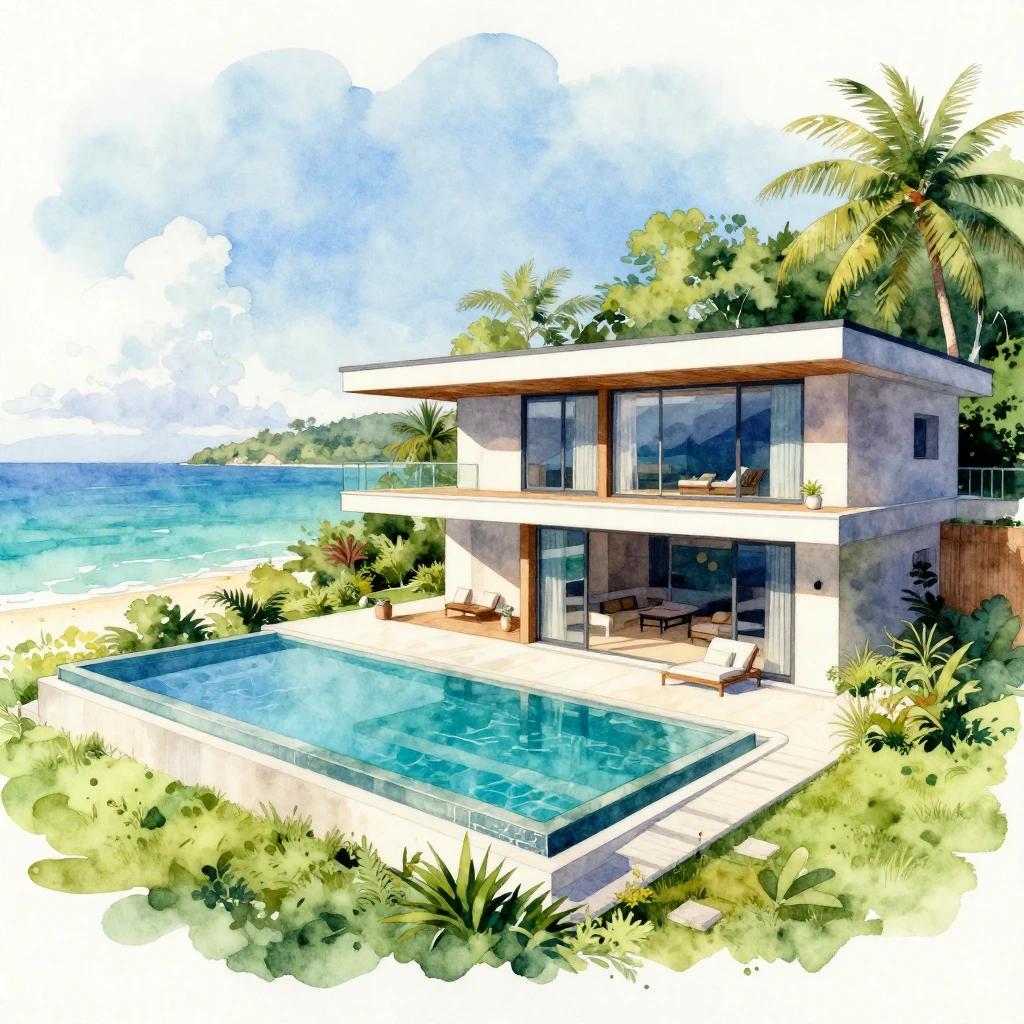 A watercolor painting focusing on a modern, luxurious villa....