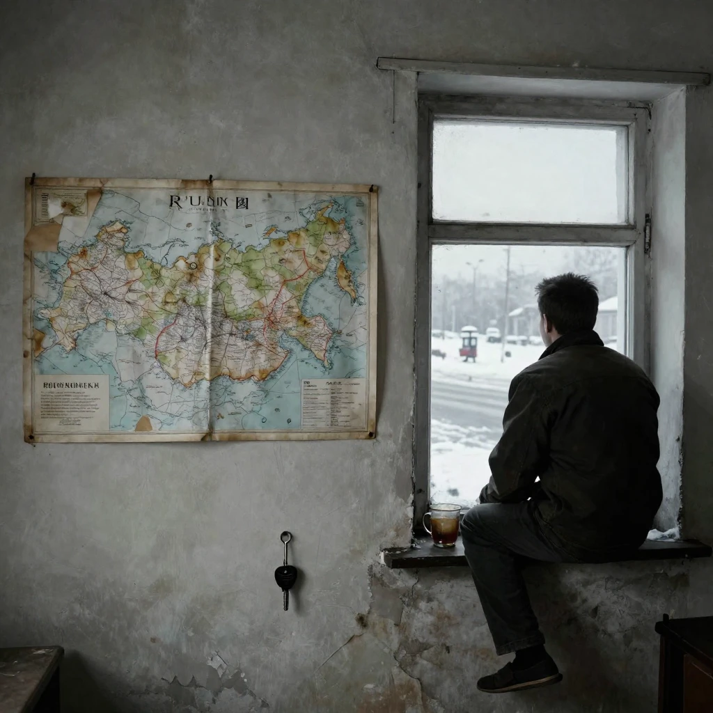 A worn-out map of Russia on a greasy wall, a half-empty tea ...