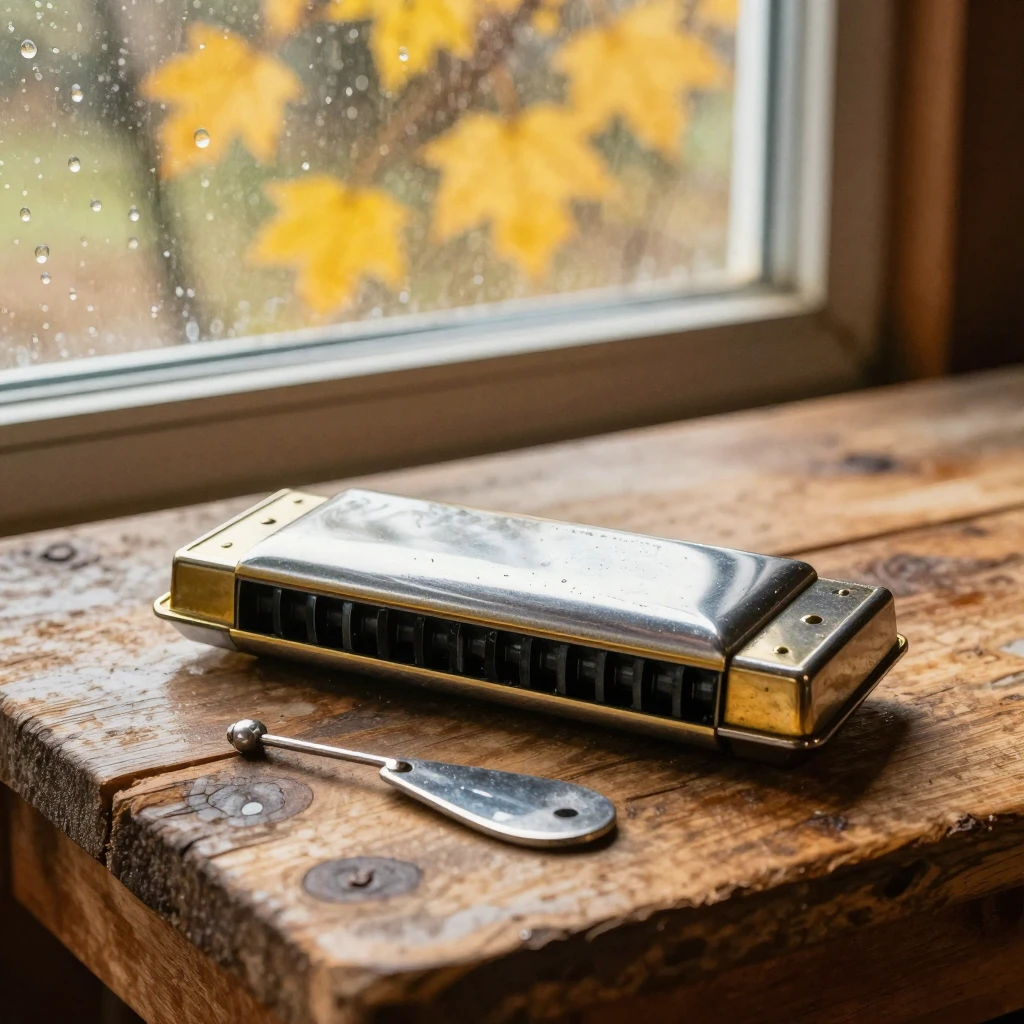 Close-up of a harmonica and a metal guitar slide on a rustic...