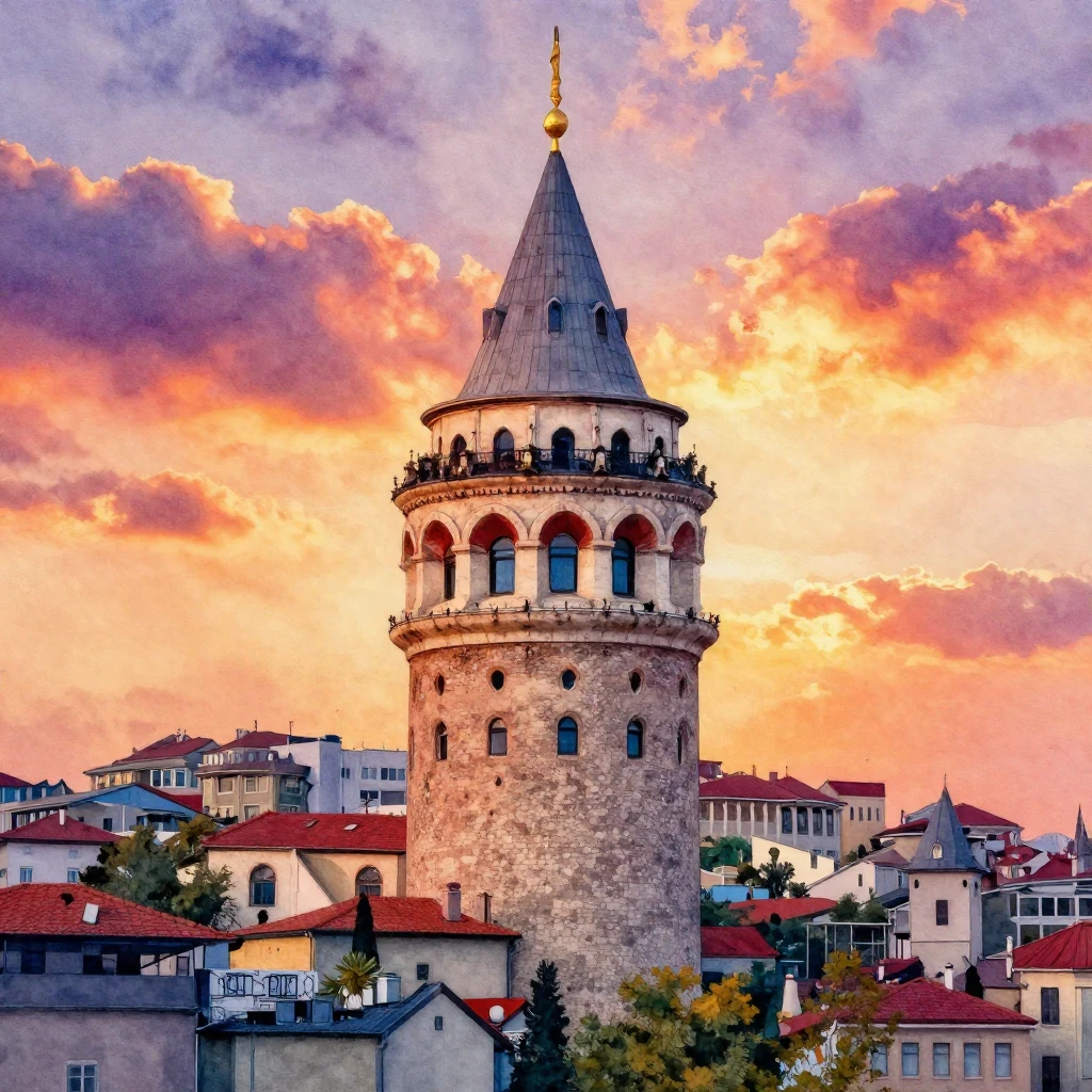 Vibrant watercolor painting of the Galata Tower in Istanbul,...