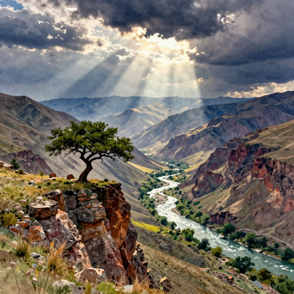 A majestic Armenian landscape with ancient mountains, deep v...