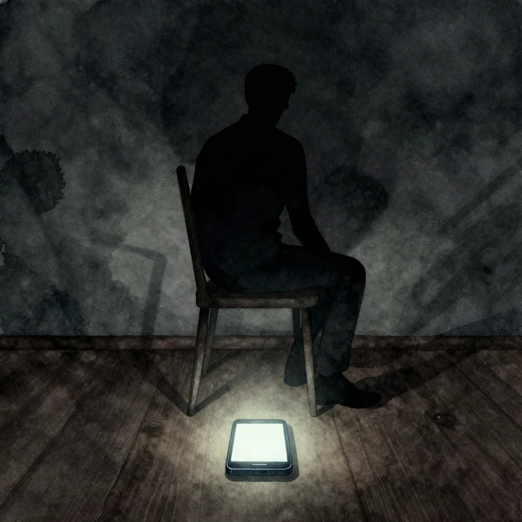 A watercolor artwork depicting a man's silhouette atop a cha...