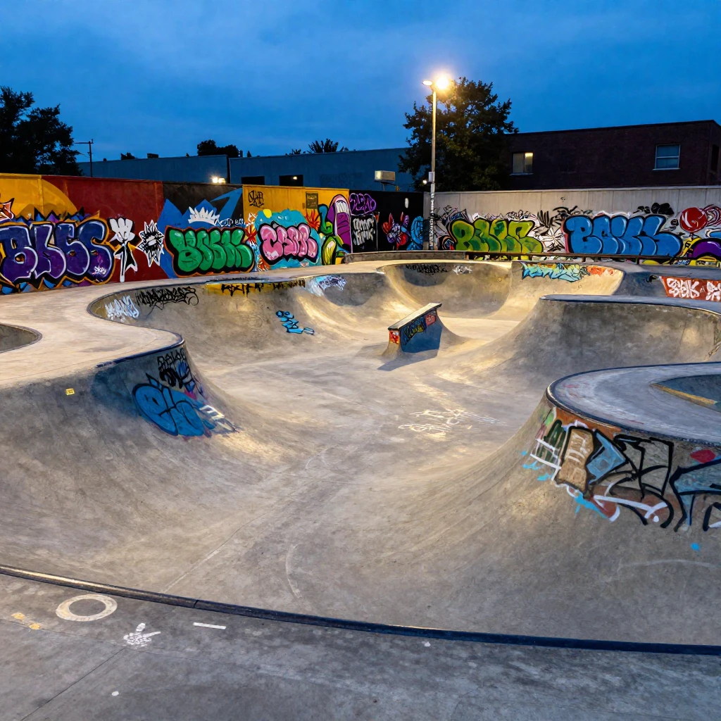 A vibrant, graffiti-splashed concrete skatepark at dusk, wit...