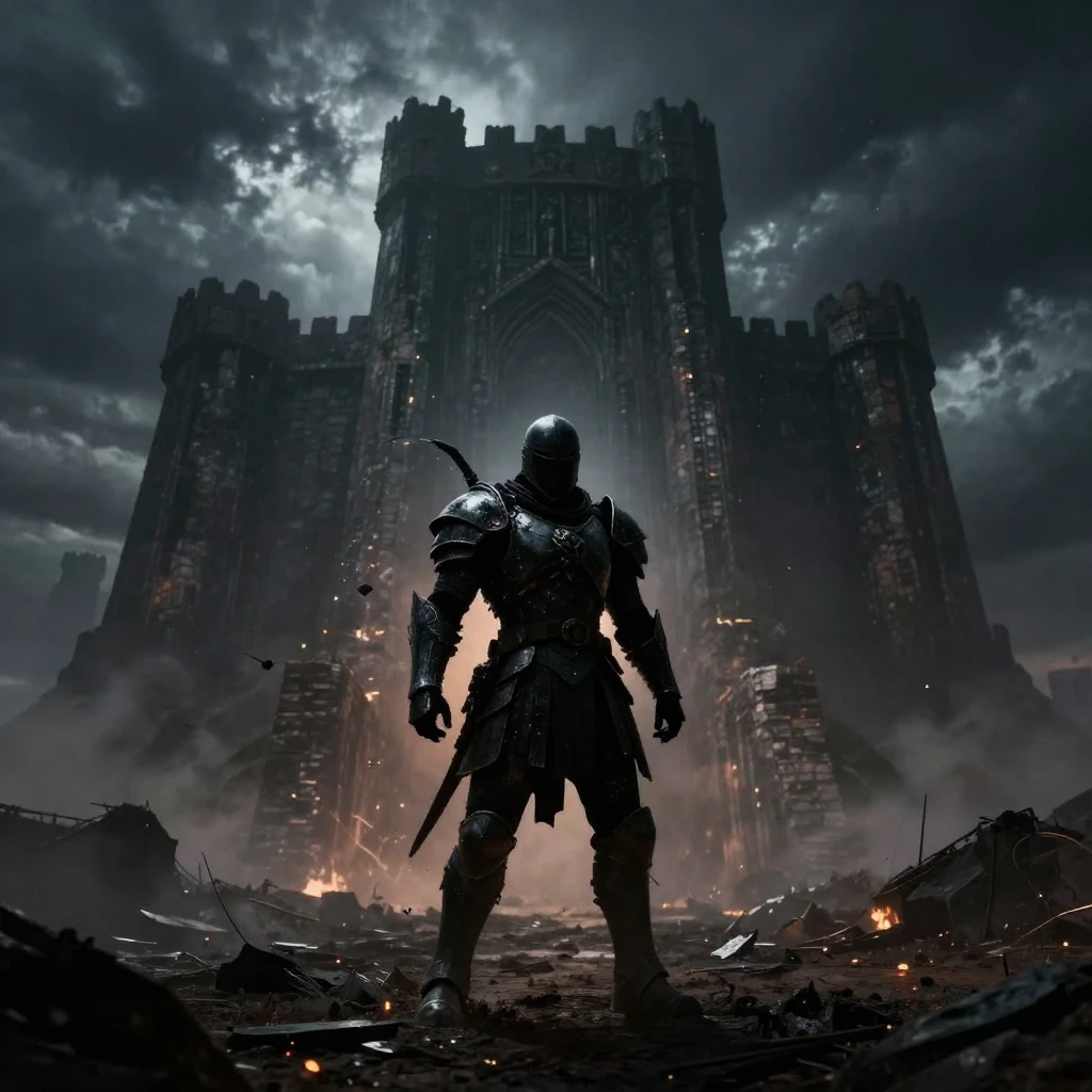 A lone, heavily armored silhouette with a broken wing stands...