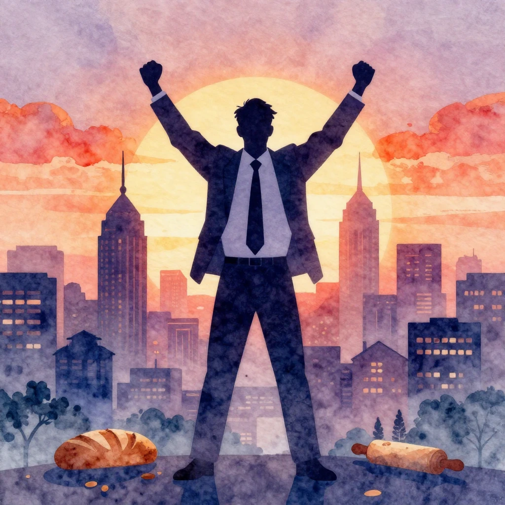 Vibrant watercolor style. A stylized silhouette of a success...