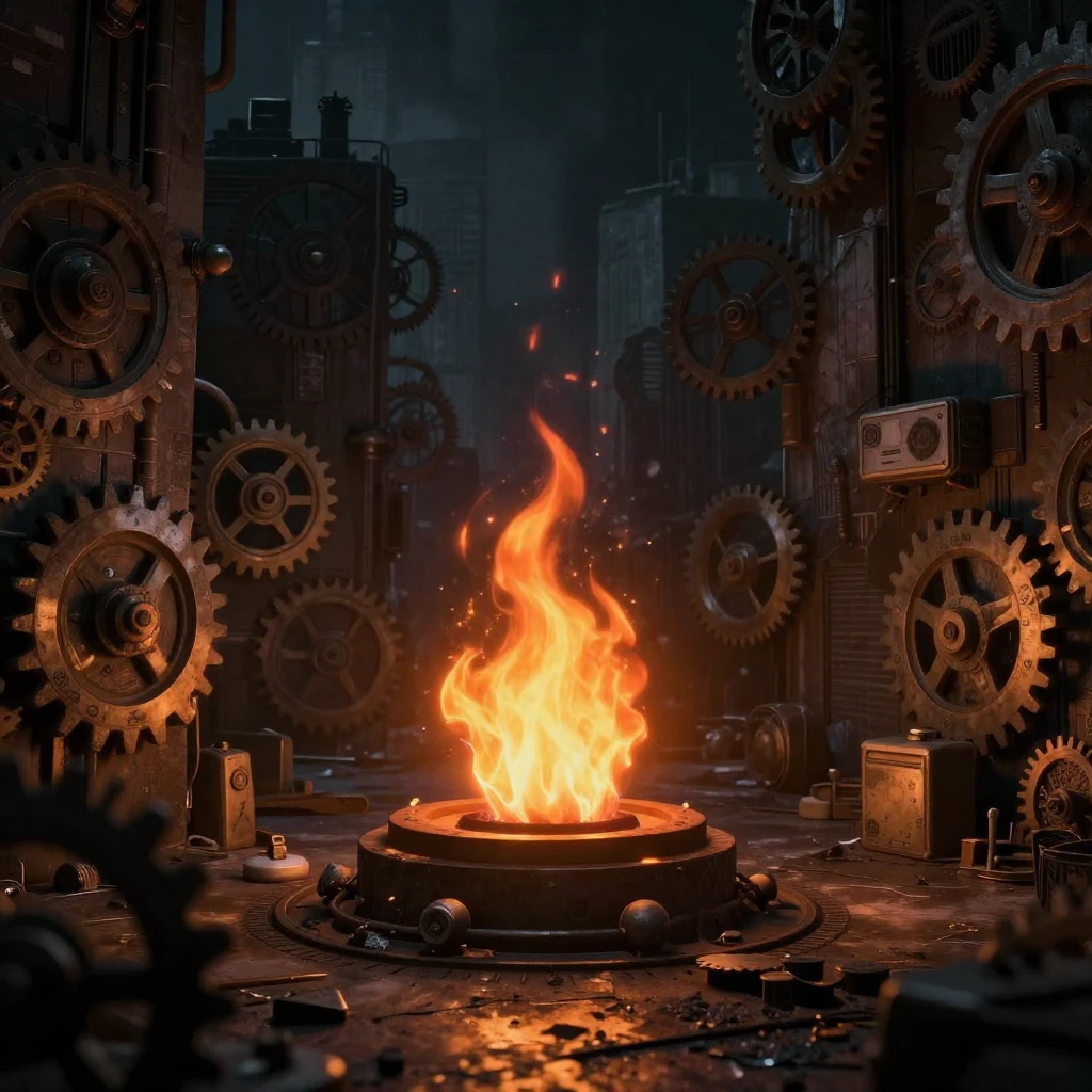 A dark, gritty urban landscape with subtle clock gears integ...