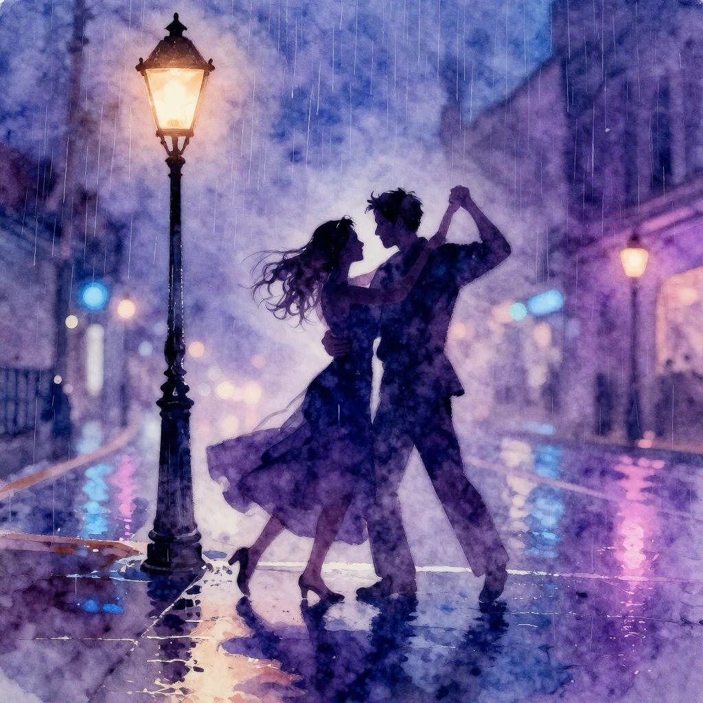 Watercolor painting of a couple's silhouette dancing gracefu...