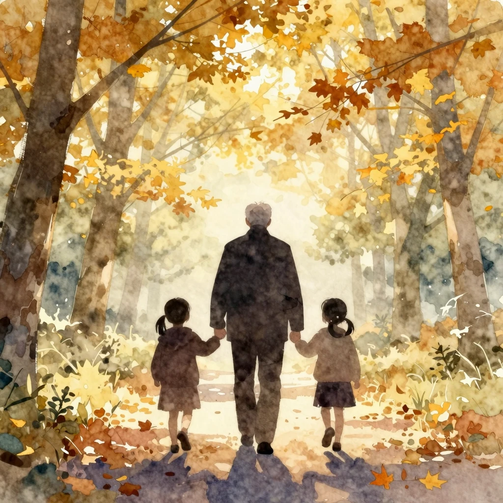 Watercolor style. A silhouette of an elderly man and two chi...