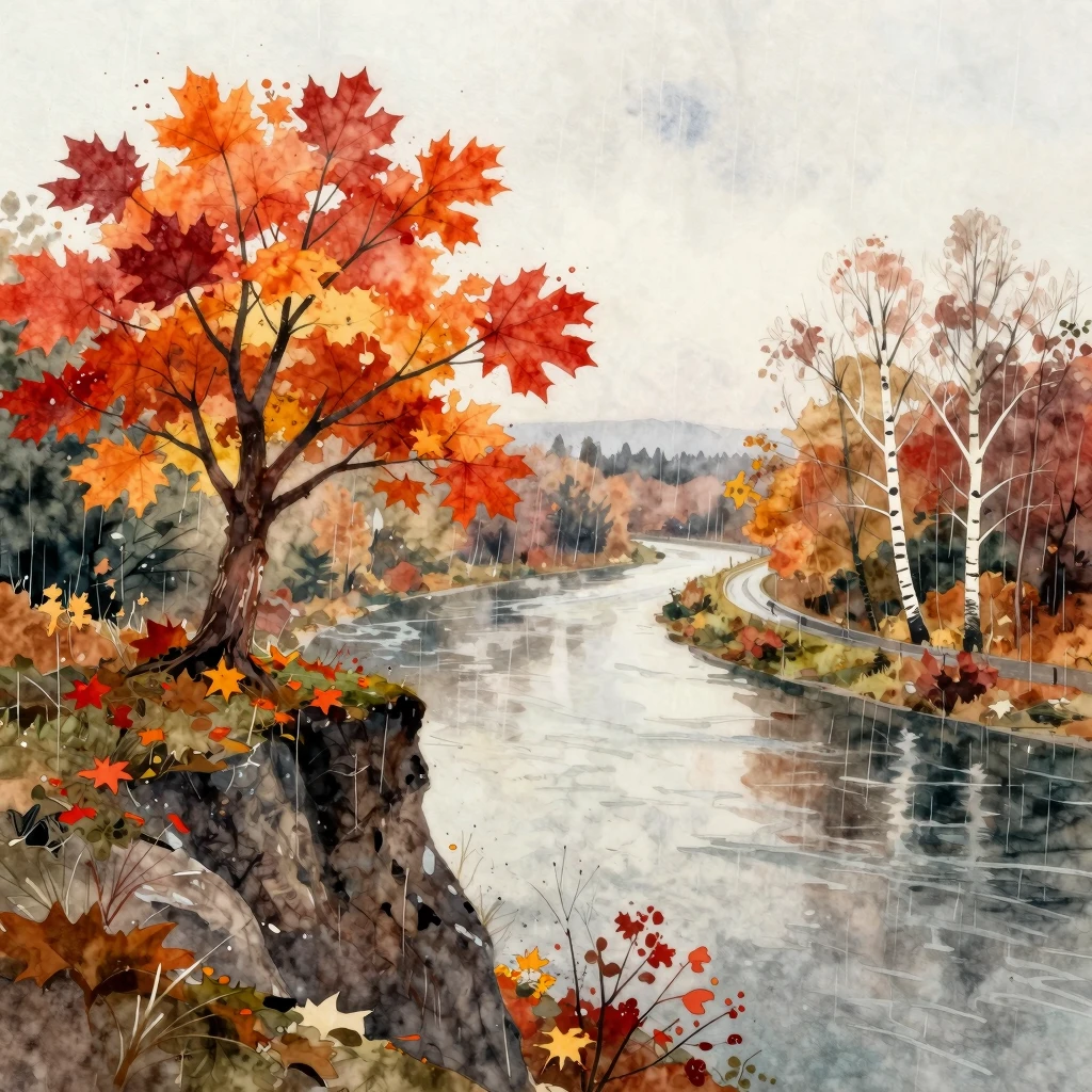Vibrant watercolor style. Lonely maple tree on a high cliff,...