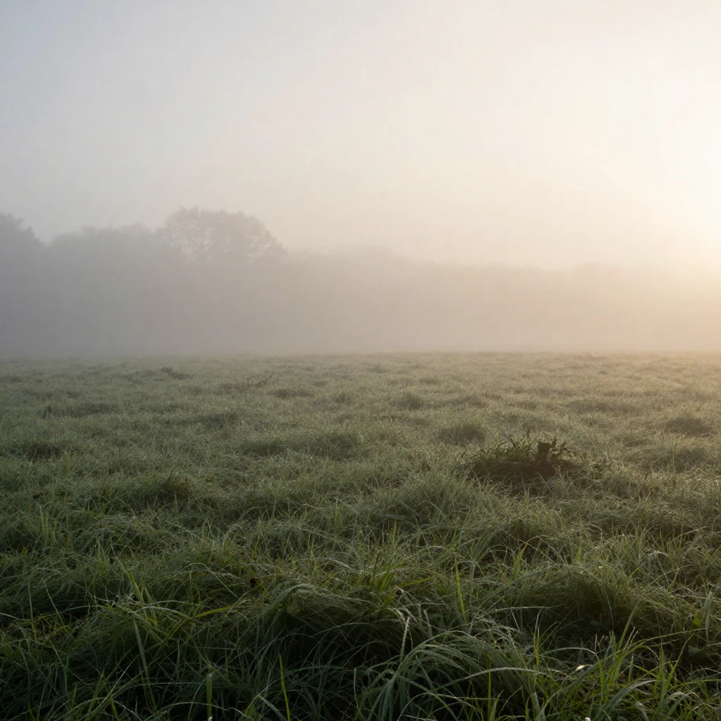 A soft, misty sunrise over a dew-kissed field, with gentle l...