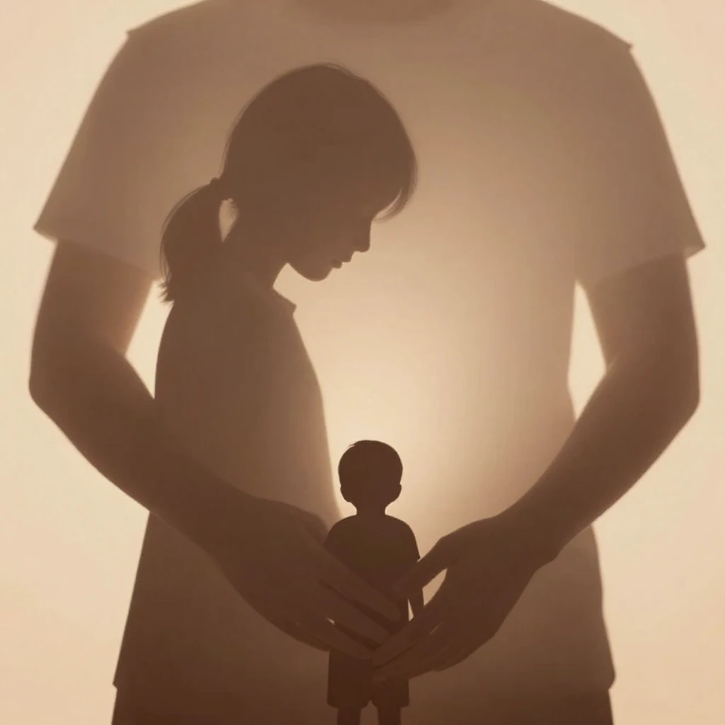 A gentle, protective silhouette of a larger figure with outs...