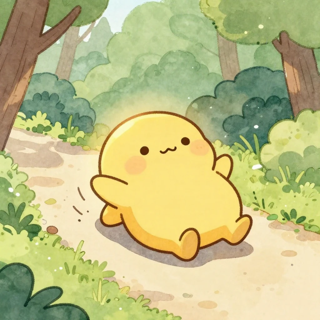 A watercolor illustration of a cute, golden, round character...