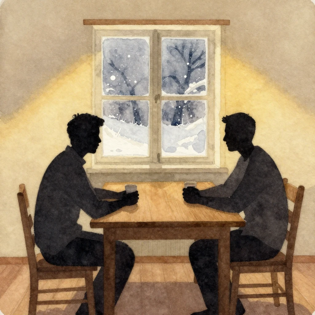 Watercolor painting of silhouettes of men sitting around a w...