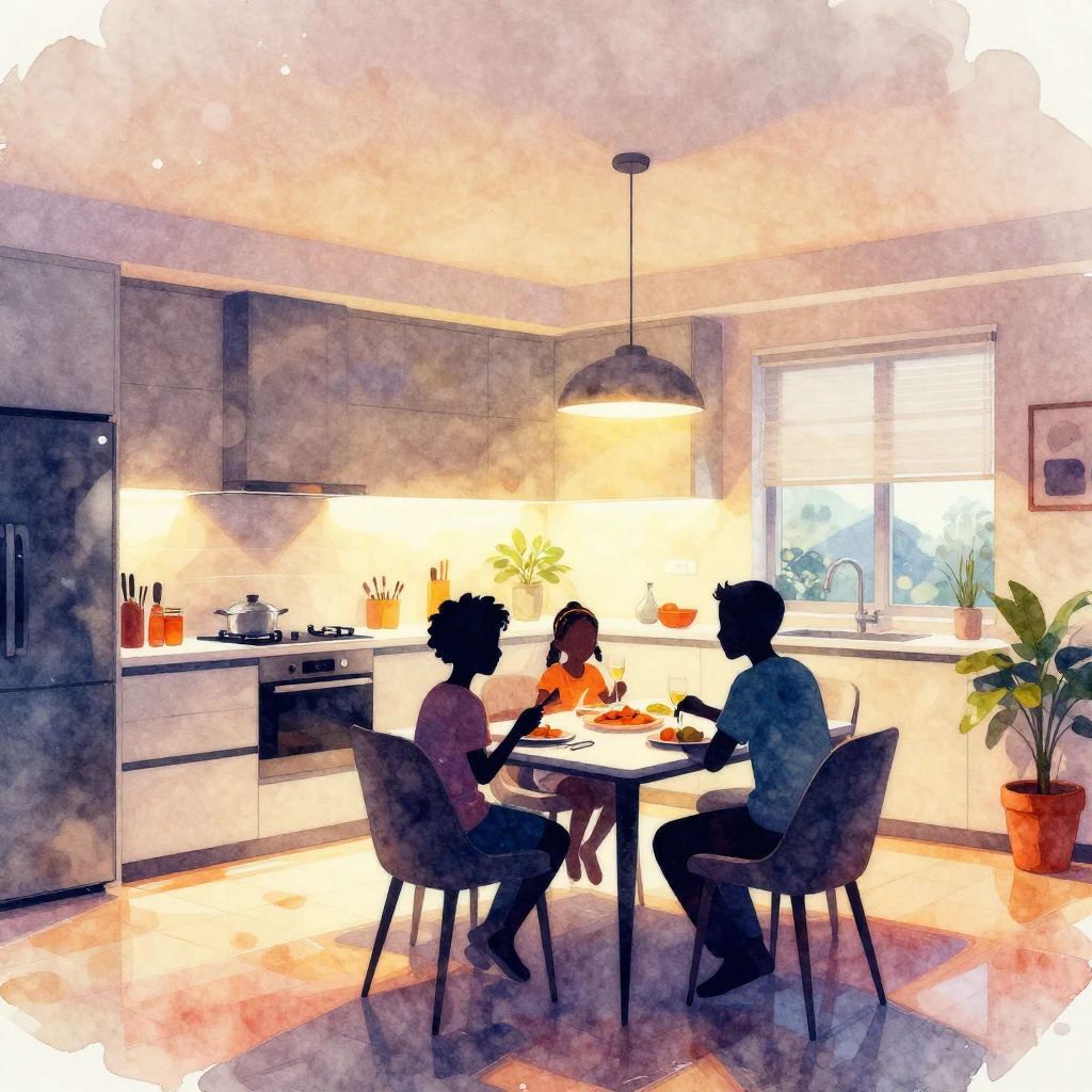 Vibrant watercolor painting of a modern kitchen interior wit...