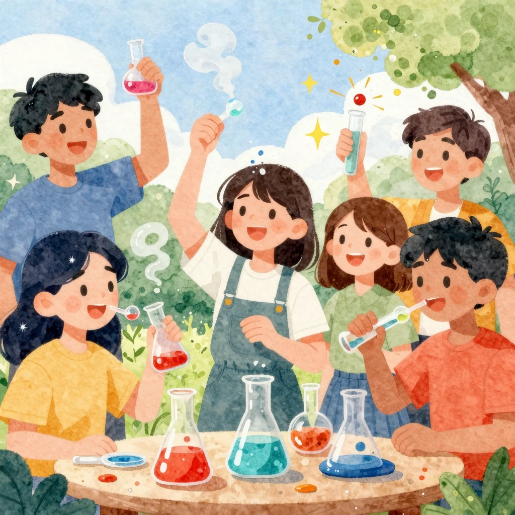 Vibrant watercolor illustration of diverse teenagers conduct...