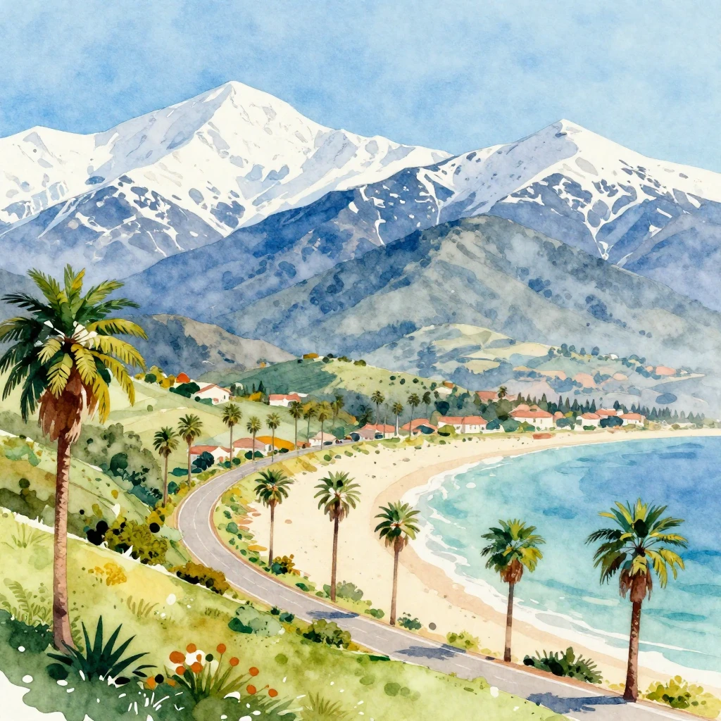 A vibrant watercolor style image of a panoramic landscape sh...
