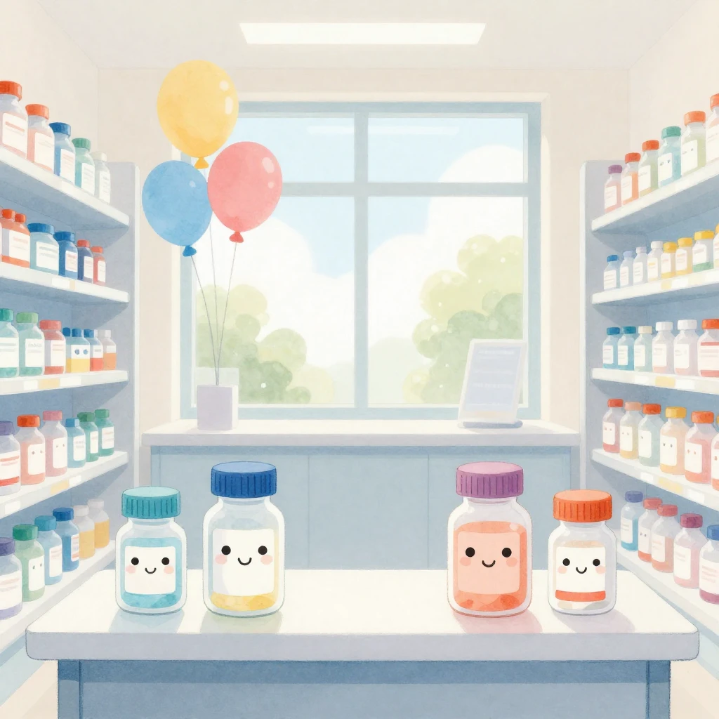 A bright and clean illustration of a pharmacy interior with ...