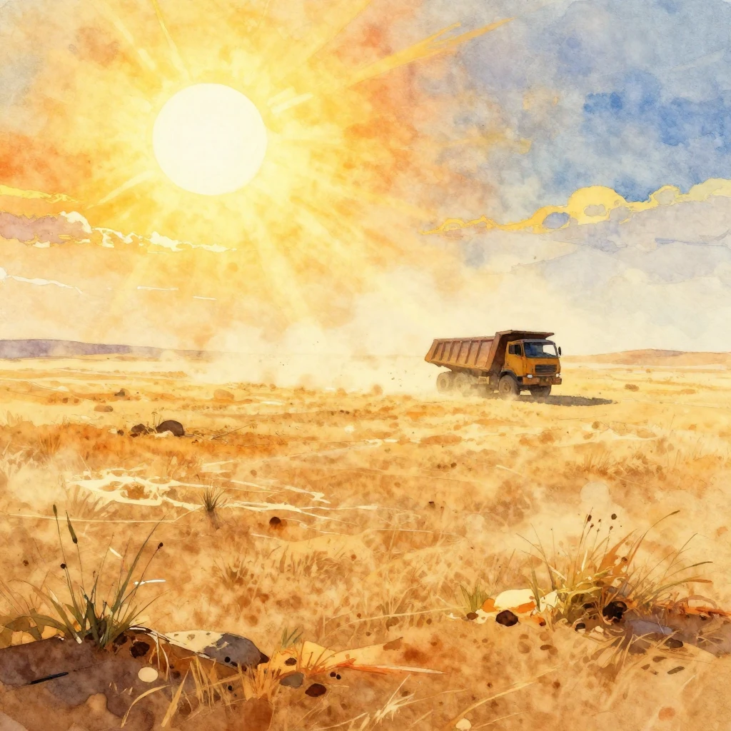 A vast, dusty steppe under a scorching sun, with the air vis...