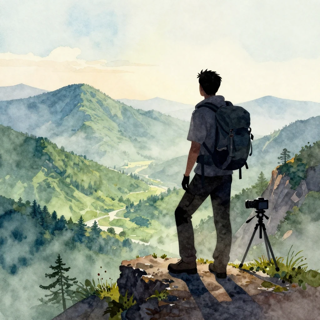 Watercolor painting depicting a prominent silhouette of a hi...