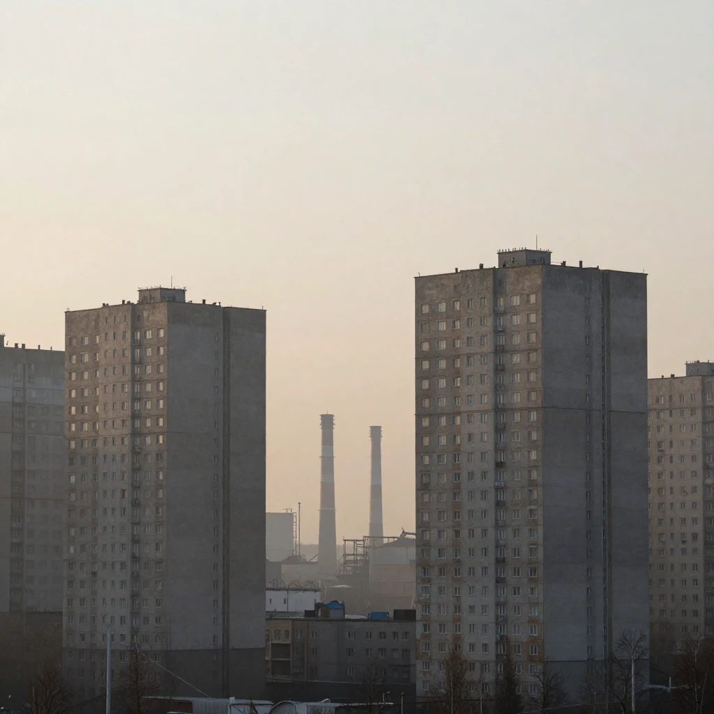 Tall, stark Soviet-era apartment buildings and factory chimn...