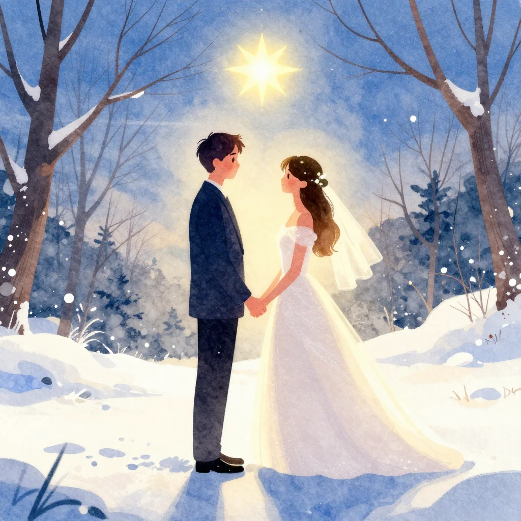 Vibrant watercolor illustration of a winter wedding scene. S...