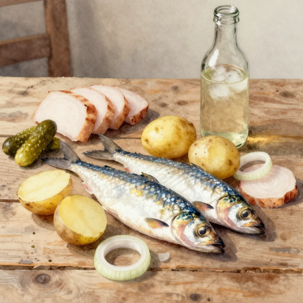 Watercolor still life of herring and boiled potatoes on a ru...