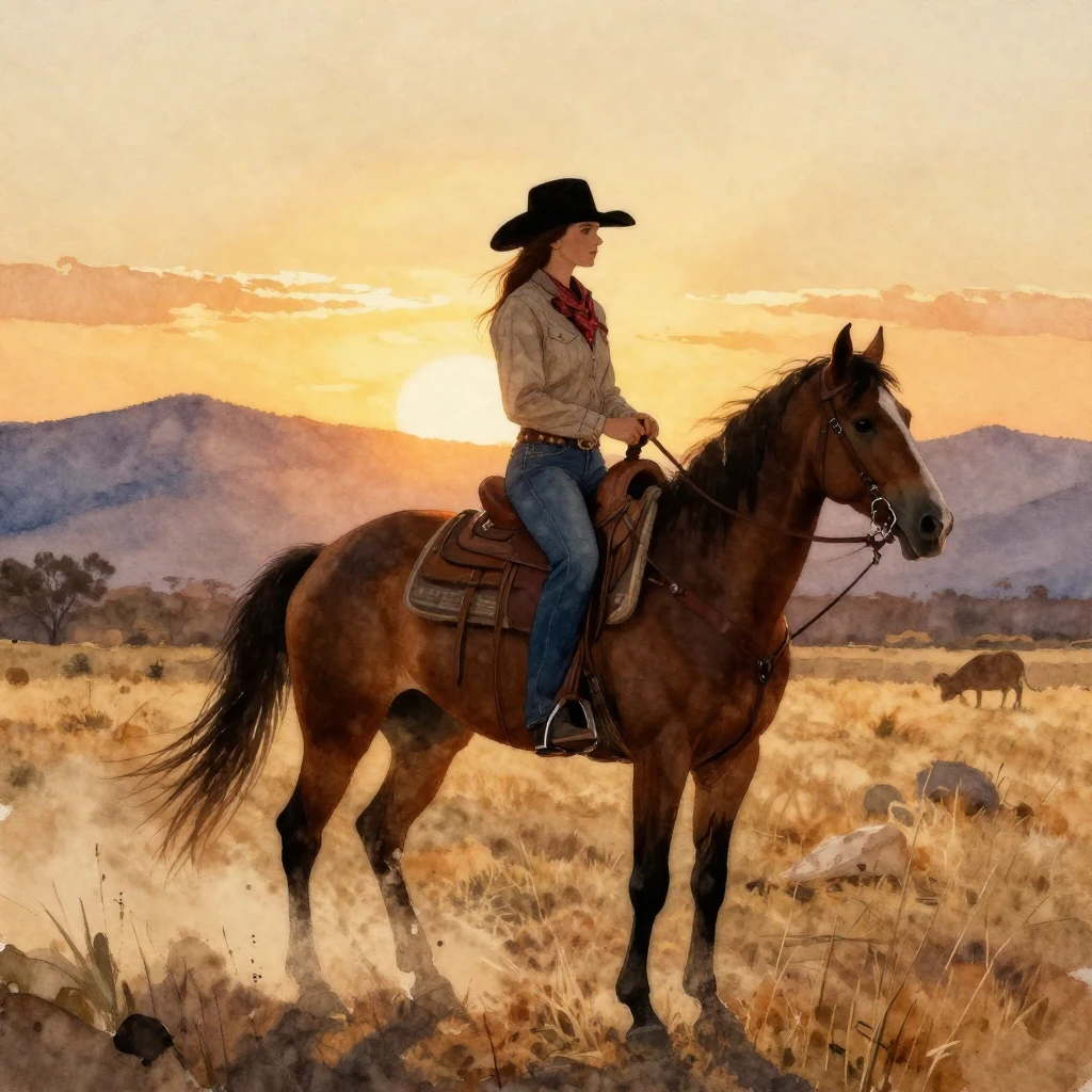 Watercolor painting of a cowgirl riding a horse at sunset, s...